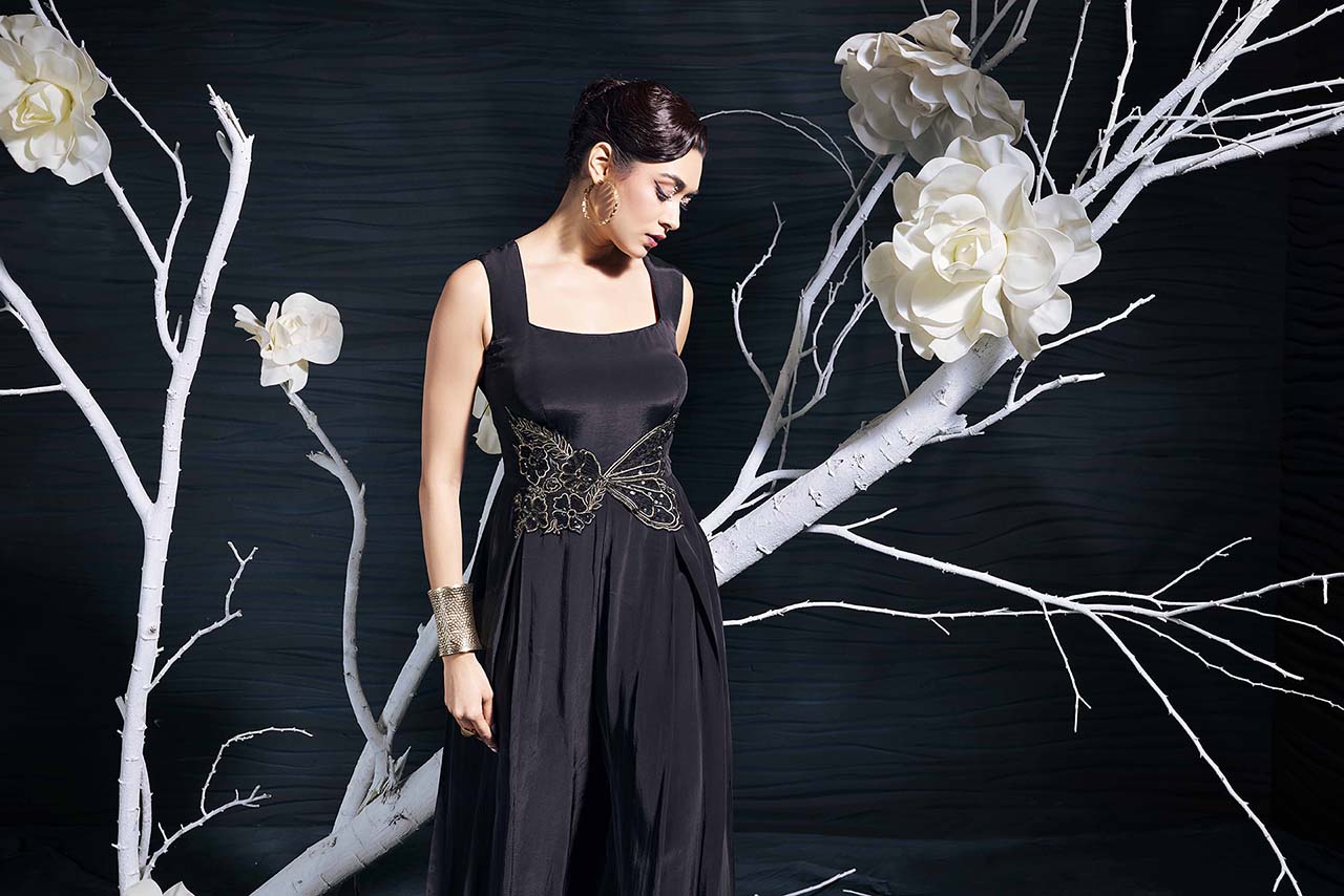 Black Crepe Jumpsuit With Hand Embroidery