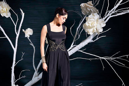 Black Crepe Jumpsuit With Hand Embroidery