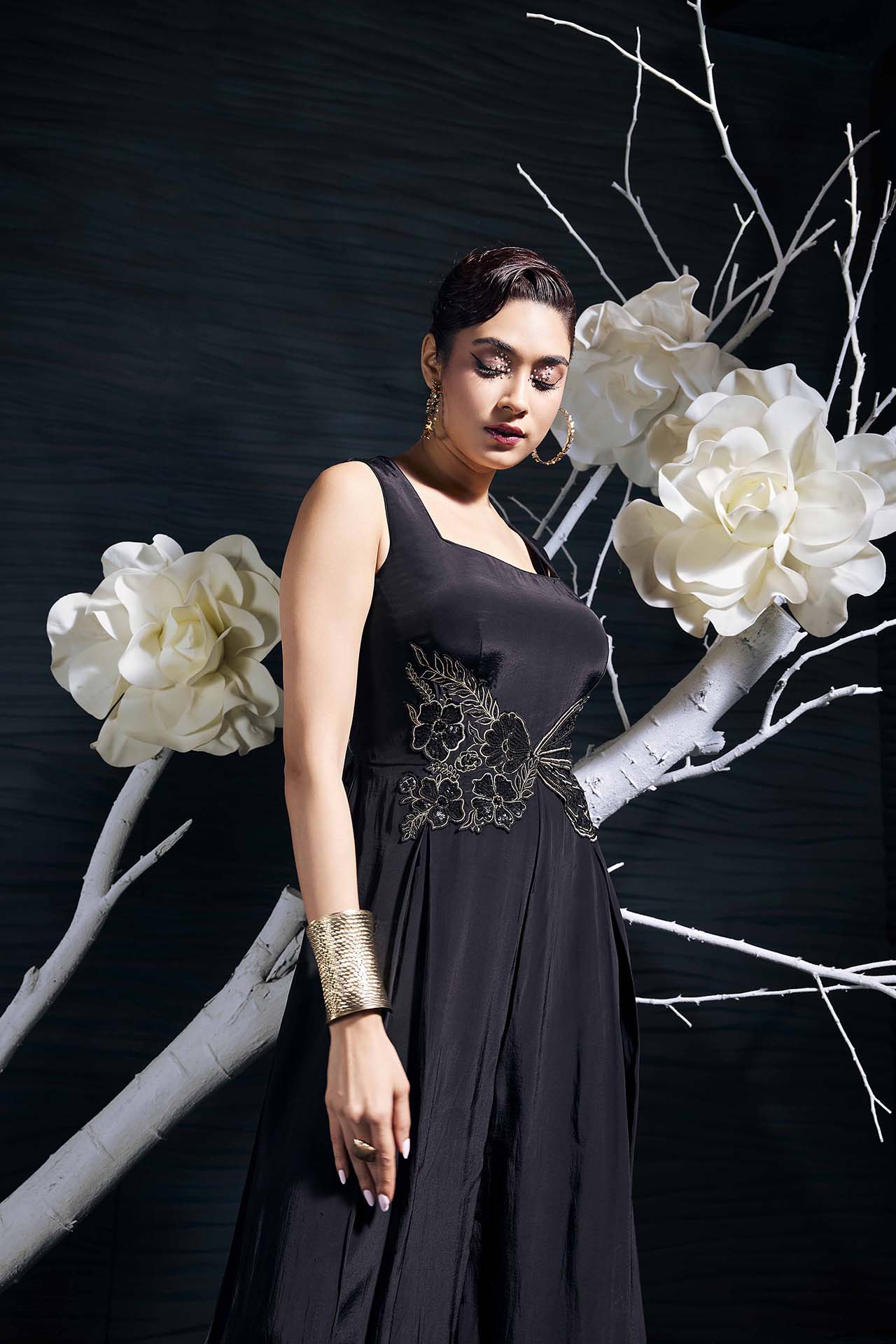 Black Crepe Jumpsuit With Hand Embroidery