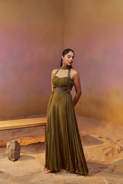 DUSTY OLIVE GREEN HALTERNECK INDOWESTER GOWN WITH HAND EMBROIDERY