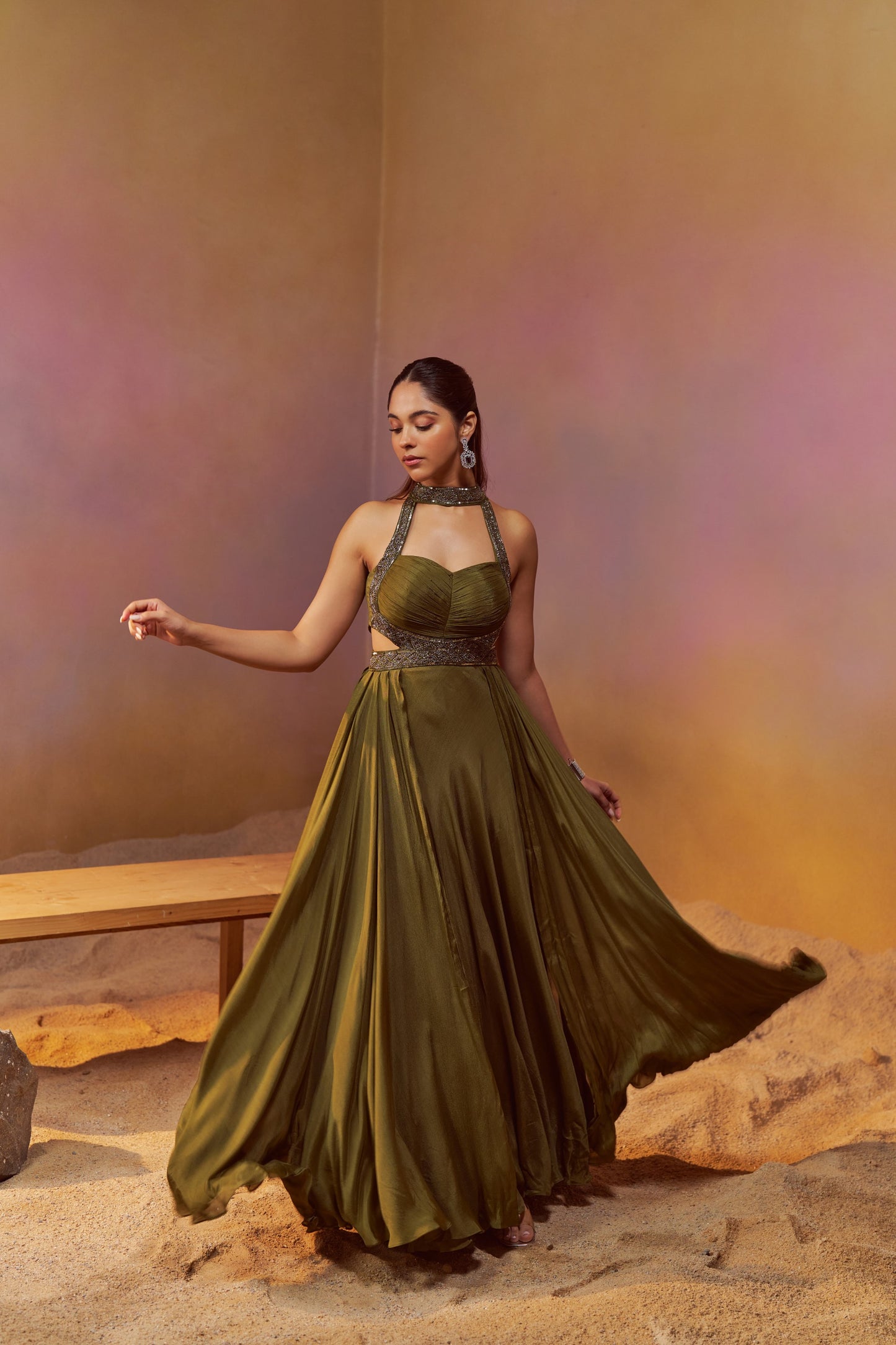 DUSTY OLIVE GREEN HALTERNECK INDOWESTER GOWN WITH HAND EMBROIDERY