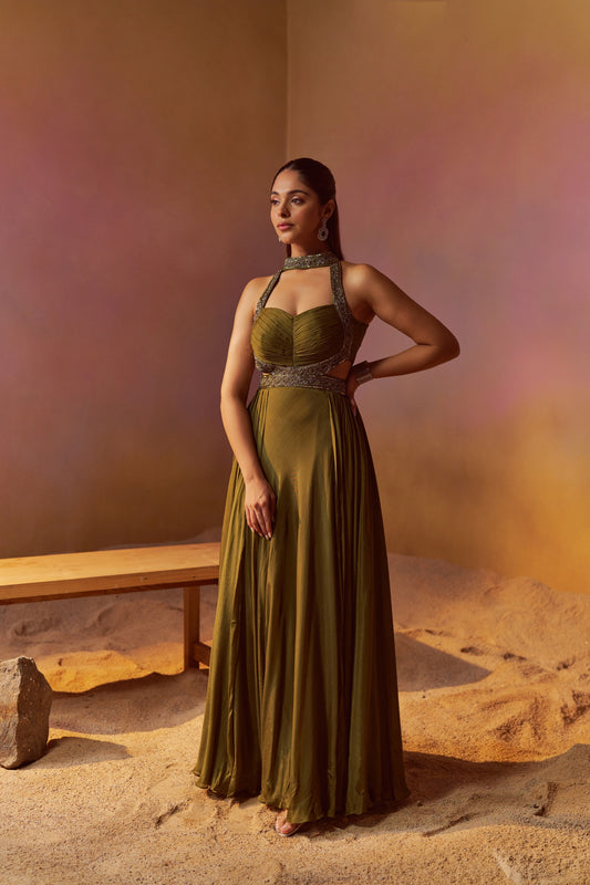 DUSTY OLIVE GREEN HALTERNECK INDOWESTER GOWN WITH HAND EMBROIDERY