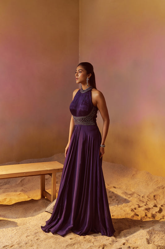 DARK INDIGO INDOWESTERN GOWN WITH HAND EMBROIDERY