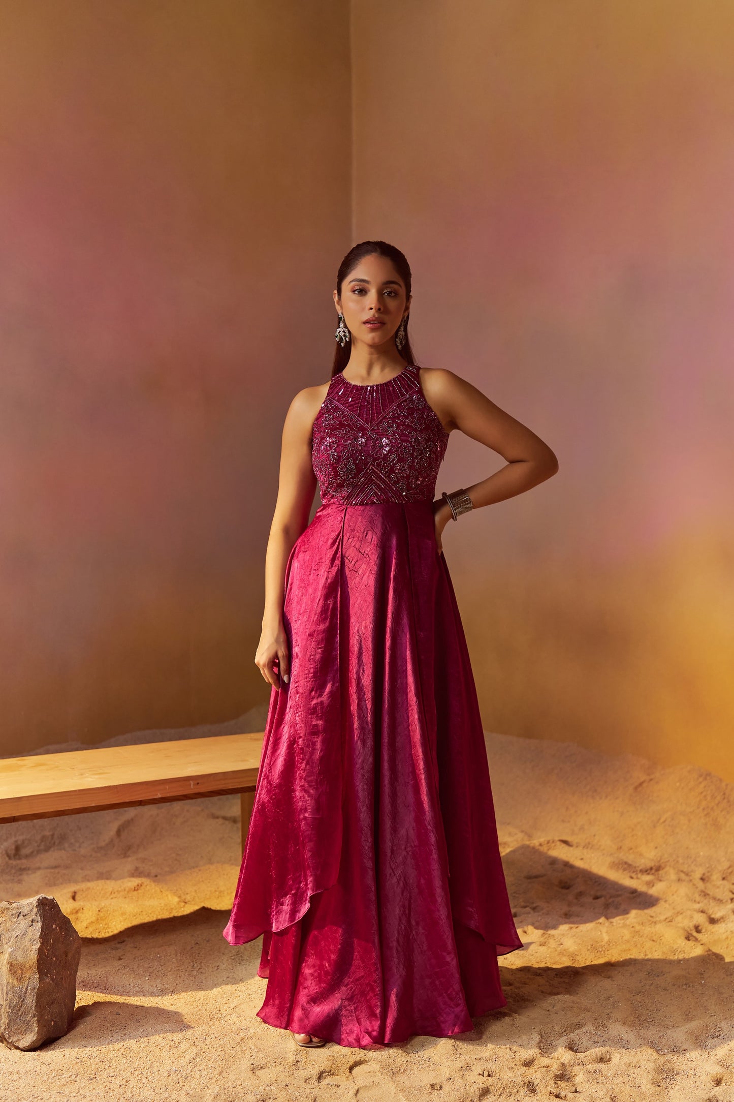 BURGUNDY INDOWESTERN GOWN WITH HAND EMBROIDERY