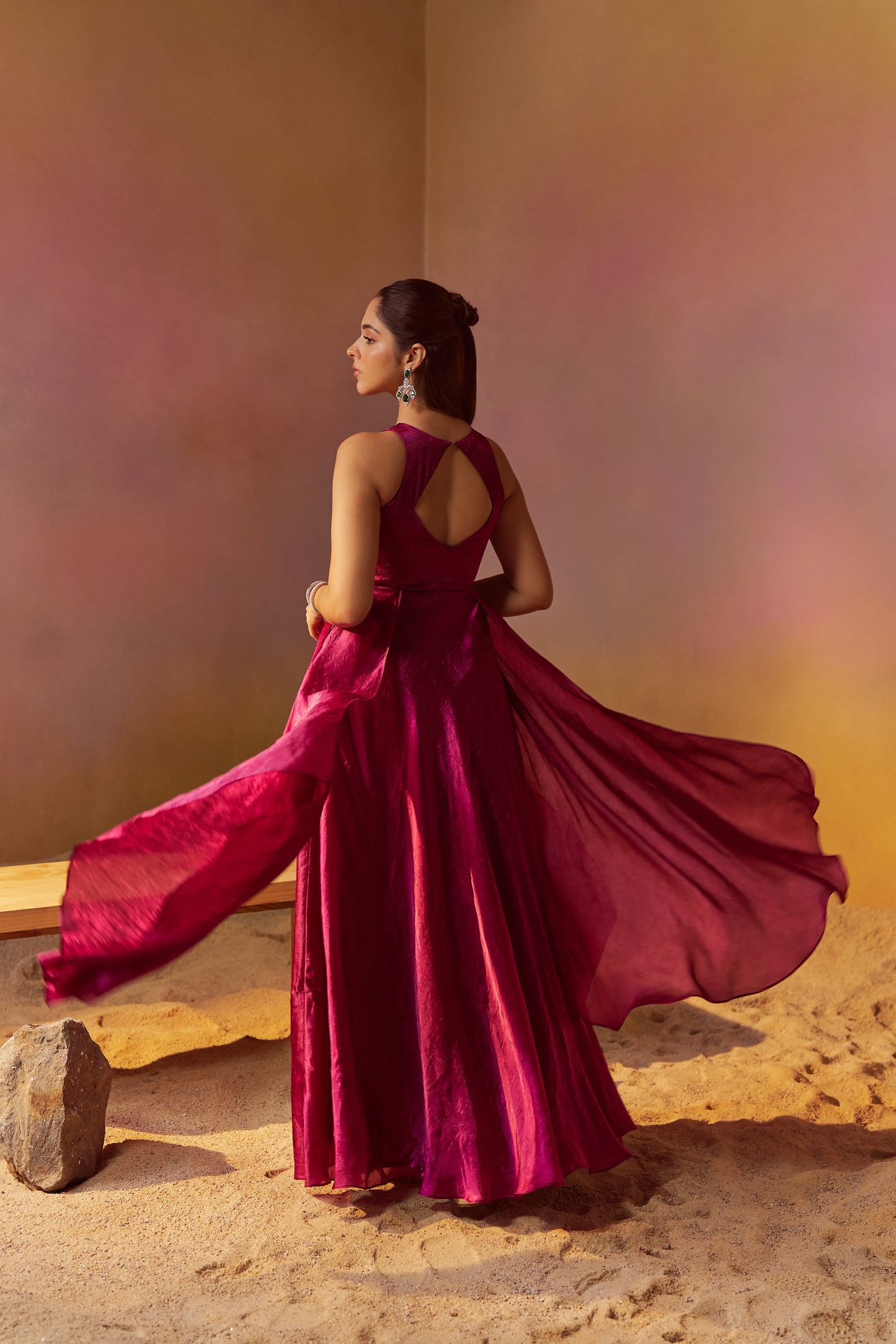 BURGUNDY INDOWESTERN GOWN WITH HAND EMBROIDERY