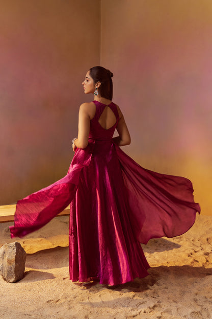 BURGUNDY INDOWESTERN GOWN WITH HAND EMBROIDERY