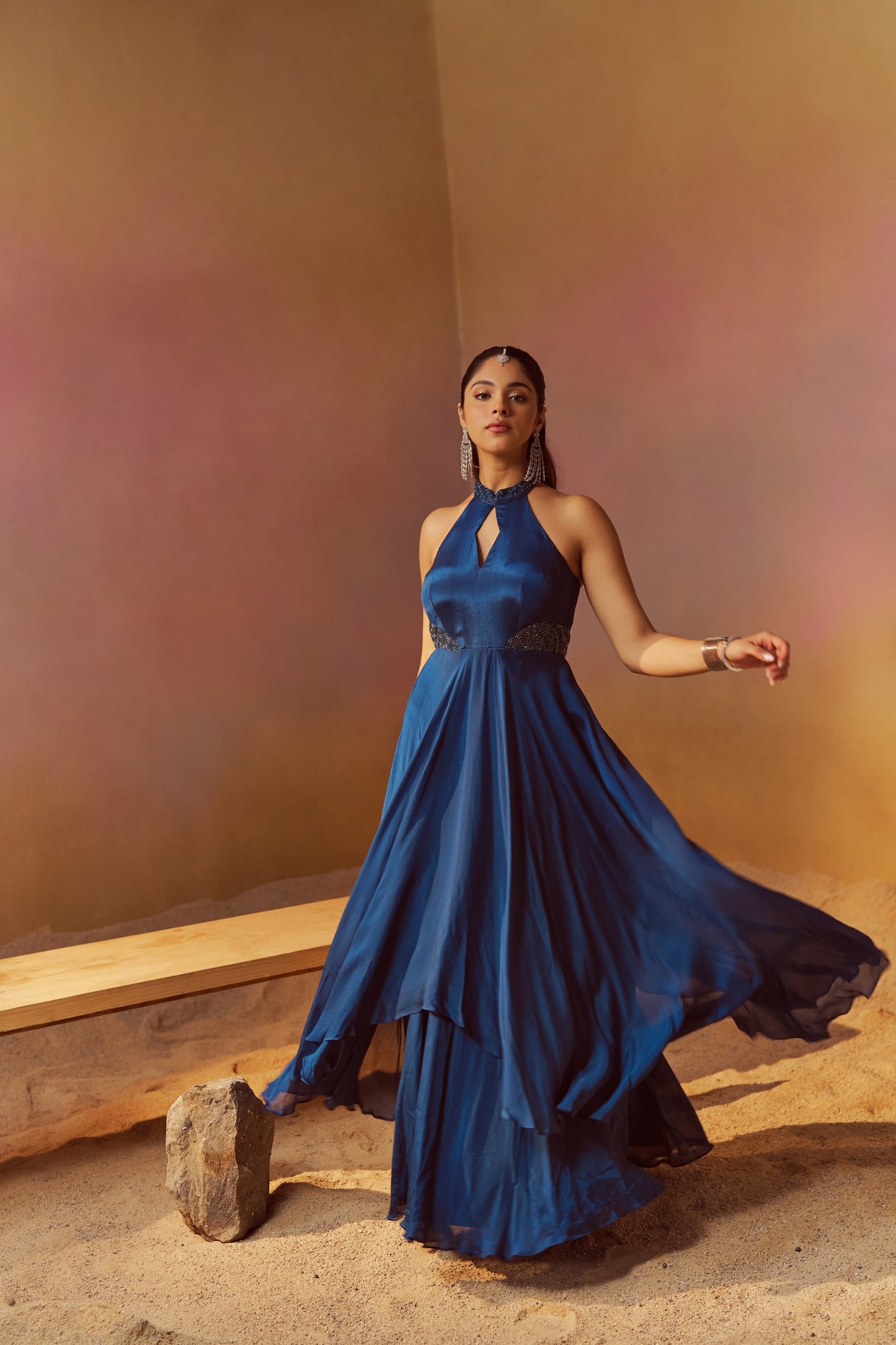 BLUE INDOWESTERN GOWN WITH HAND EMBROIDERY