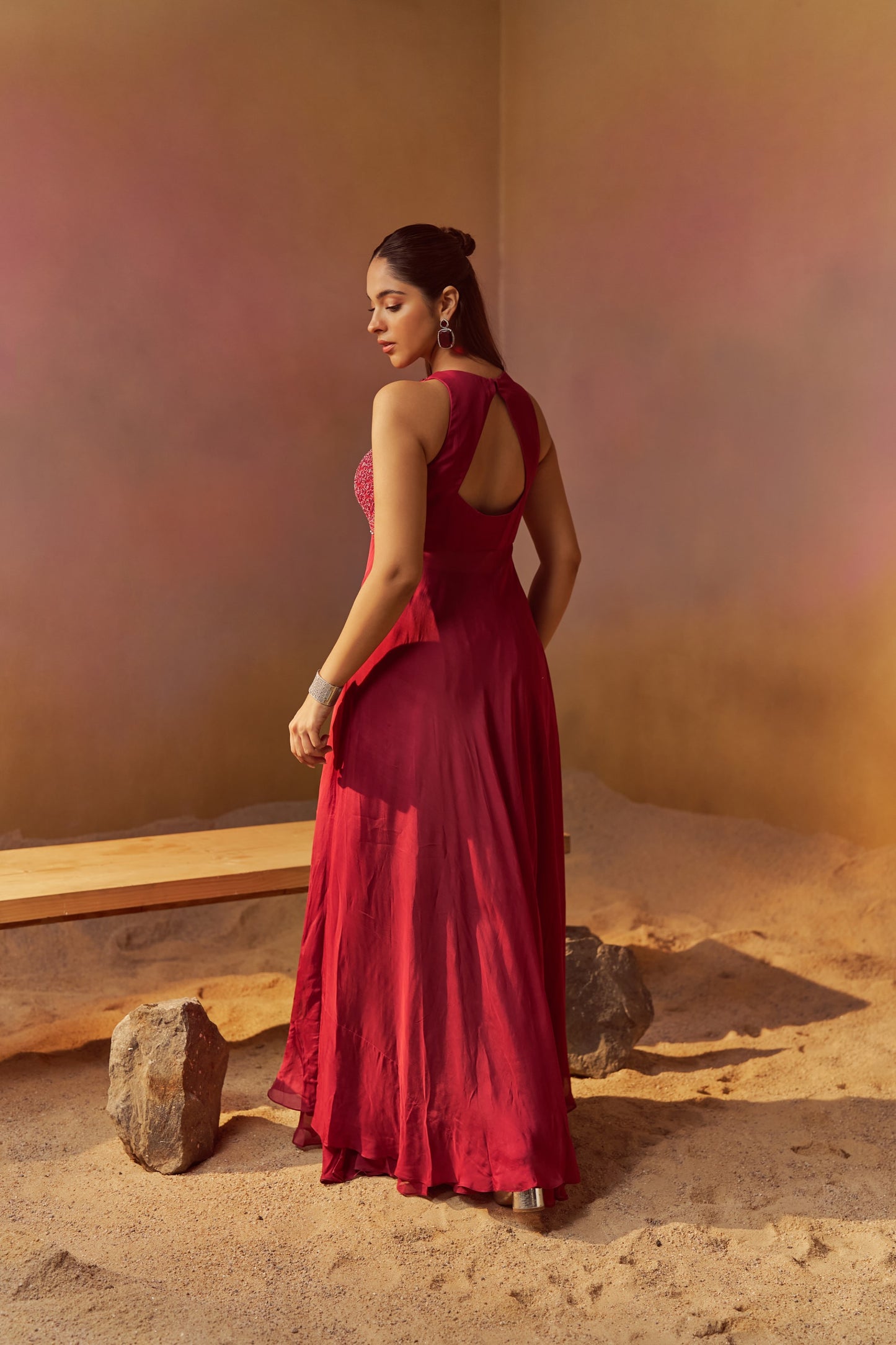 DUSTY RED INDOWESTERN WITH HAND EMBROIDERY