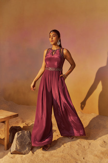 DUSTY PURPLE JUMPSUIT WITH HAND EMBROIDERY AND BELT