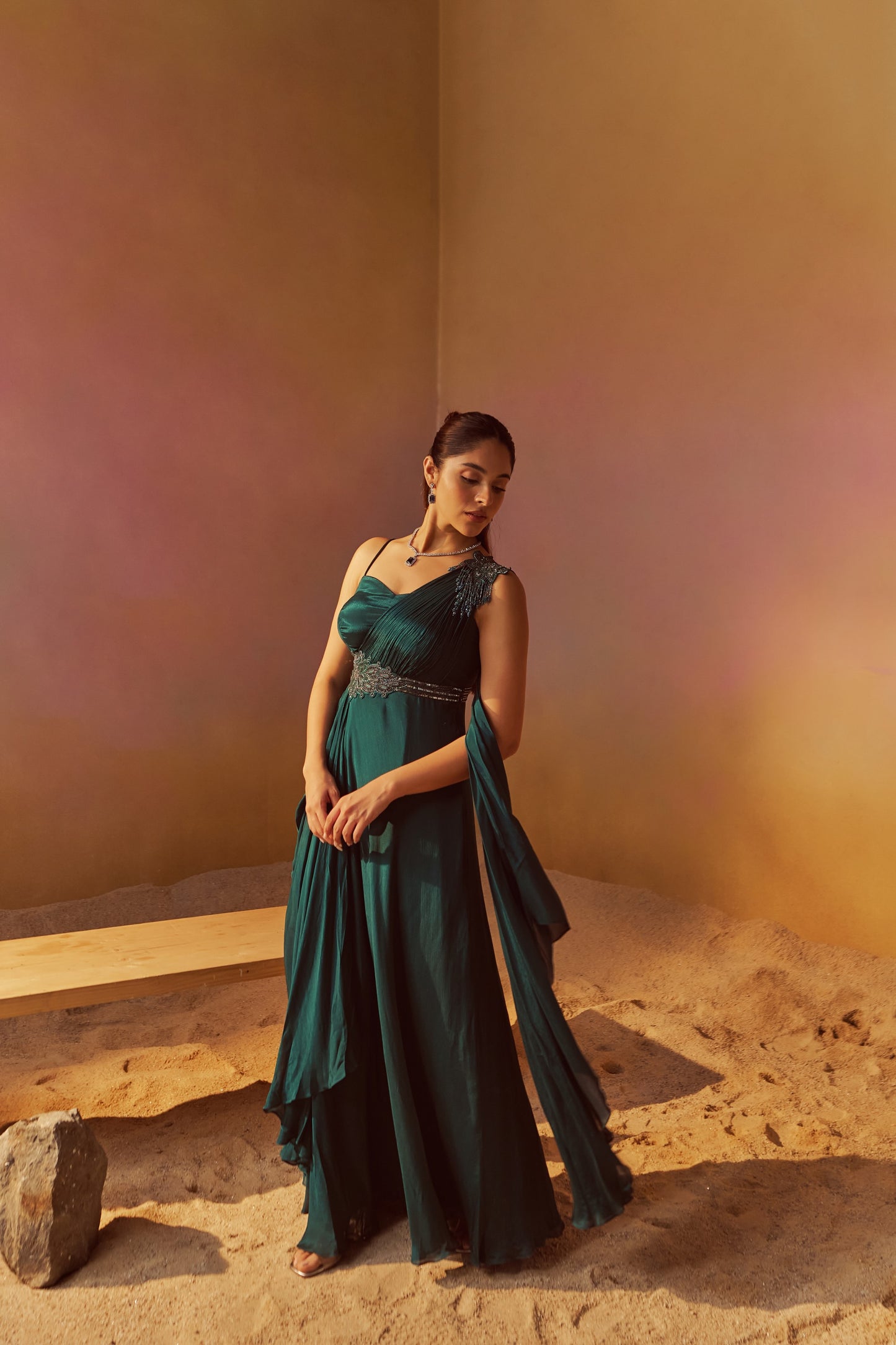 DARK TURQUOISE INDOWESTERN GOWN WITH HAND EMBROIDERY