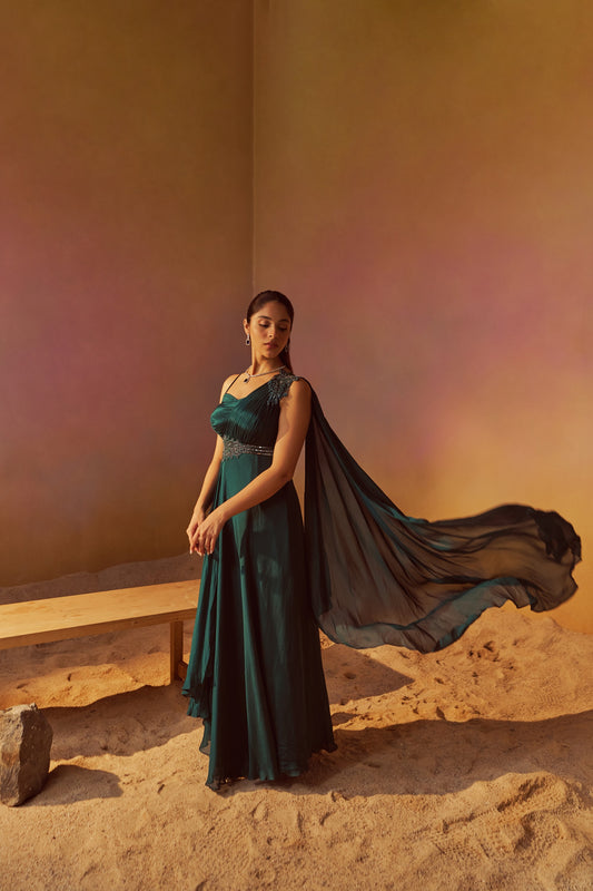 DARK TURQUOISE INDOWESTERN GOWN WITH HAND EMBROIDERY