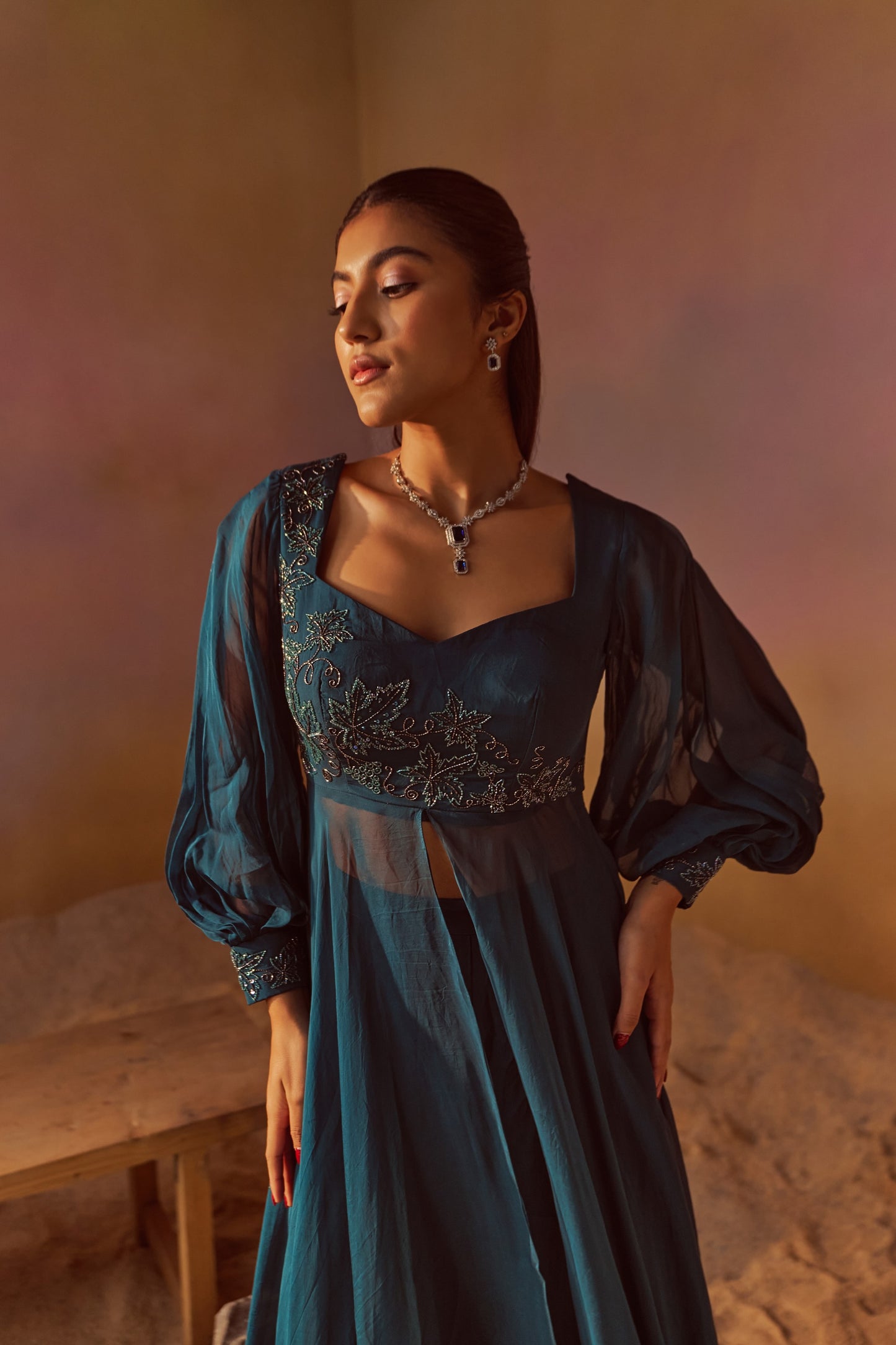 DARK TURQUOISE BALLOON SLEEVES INDOWESTERN WITH HAND EMBROIDERY