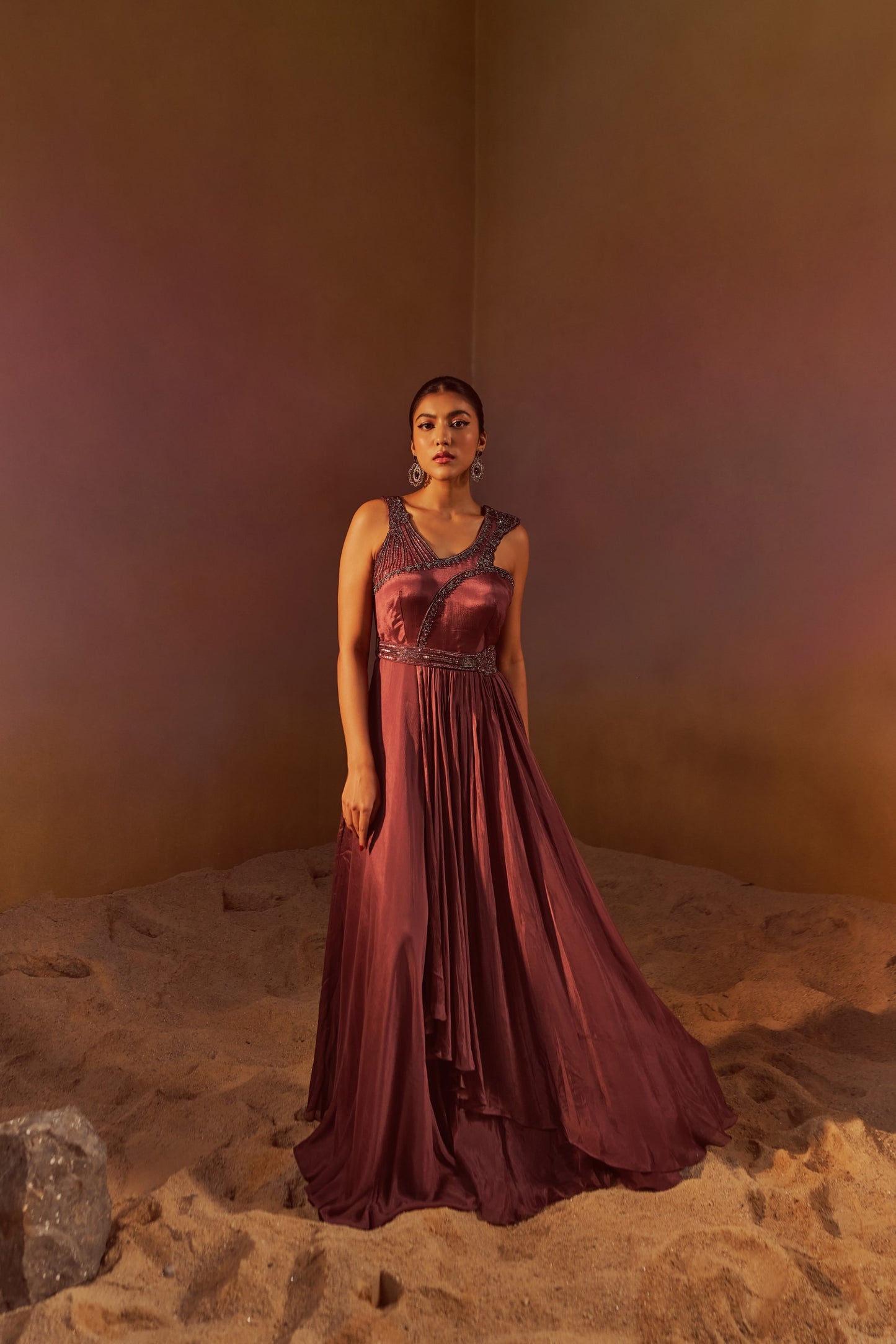 DARK MAUVE INDOWESTERN GOWN WITH HAND EMBROIDERY AND BELT