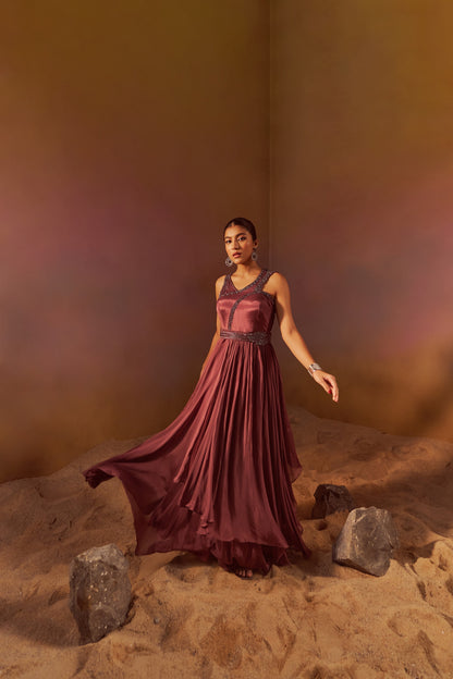 DARK MAUVE INDOWESTERN GOWN WITH HAND EMBROIDERY AND BELT