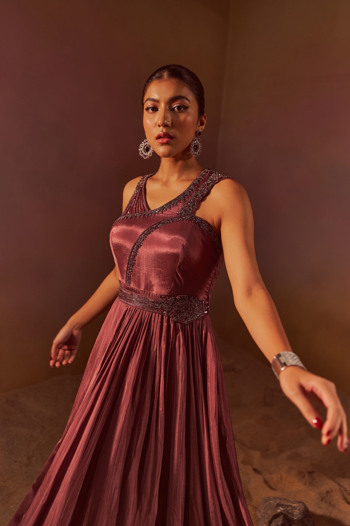 DARK MAUVE INDOWESTERN GOWN WITH HAND EMBROIDERY AND BELT