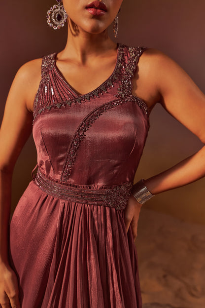 DARK MAUVE INDOWESTERN GOWN WITH HAND EMBROIDERY AND BELT