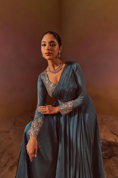 GREYISH BLUE FULL SLEEVES INDOWESTERN GOWN WITH MIRROR WORK