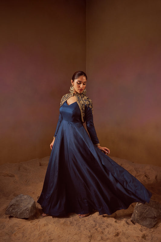 DEEP SEA BLUE GOWN WITH SEPERATE FULL SLEEVES JACKET